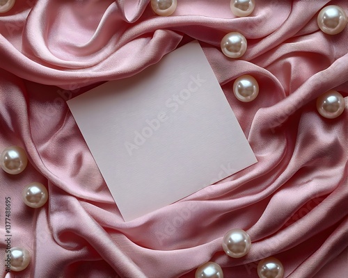 Obraz na płótnie Blank white gift card resting on a pastel pink silk scarf surrounded by pearls w salonie