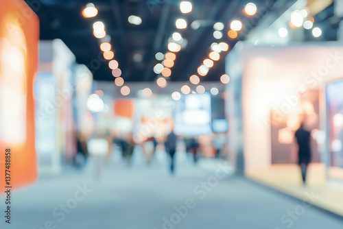 Blurred, defocused background of public event exhibition hall, business trade show concept. 