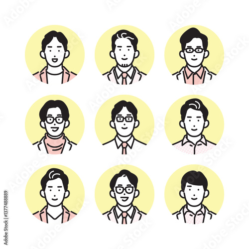シンプル　イラスト　笑顔のビジネスマンの男性のアイコンセット 人物
