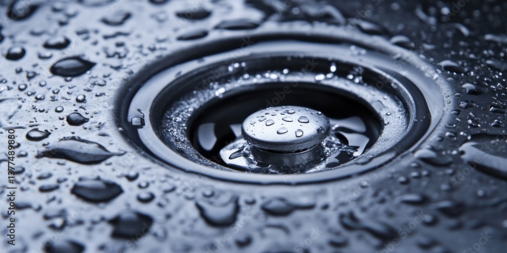 Close-up view of a metal drain surrounded by water droplets reflecting light in a kitchen setting during daytime Close-up view of a metal drain surrounded by water droplets reflecting light in a kitchen setting during daytime