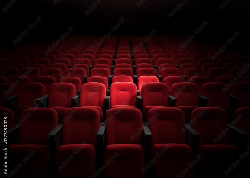 A dimly lit theater or cinema hall with rows of red velvet seats. The lighting highlights a few seats in the center, while the surrounding seats fade into darkness, creating a dramatic and moody scene