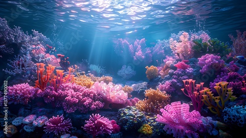 Vibrant Underwater Coral Reef Scene Sunbeams Illuminate Colorful Ocean Life
