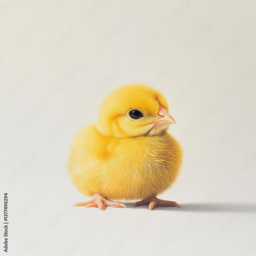 A fluffy yellow chick stands on a white surface, a portrait of innocence and new life, a symbol of springtime. A fluffy yellow chick stands on a white surface, a portrait of innocence and new life, a symbol of springtime.