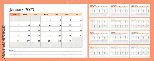 Schilderij op canvas Monthly calendar template for 2025 year