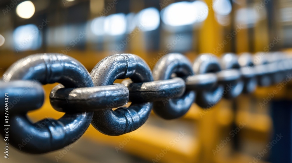 Naklejka premium Rusty chain links illuminated in an industrial warehouse setting during daytime operations