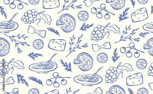 Hand drawn italian food seamless pattern. Chalk crayon sketch dish with pizza, cheese, spaghetti, pasta, italy ingredients for menu in doodle style. Vector illustration.