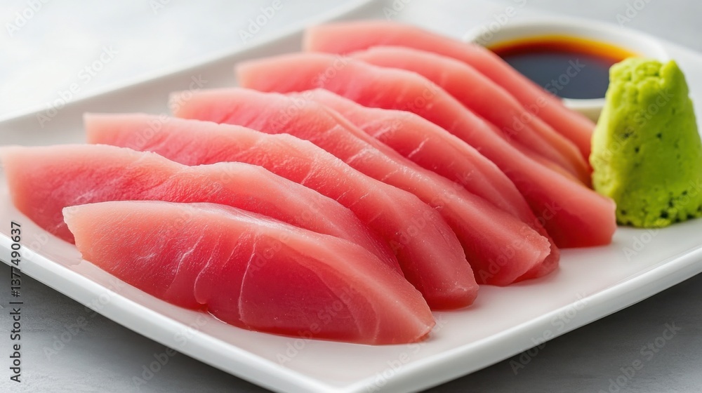 tuna sashimi, thinly sliced and arranged neatly on a plate, with soy sauce and wasabi tuna sashimi, thinly sliced and arranged neatly on a plate, with soy sauce and wasabi