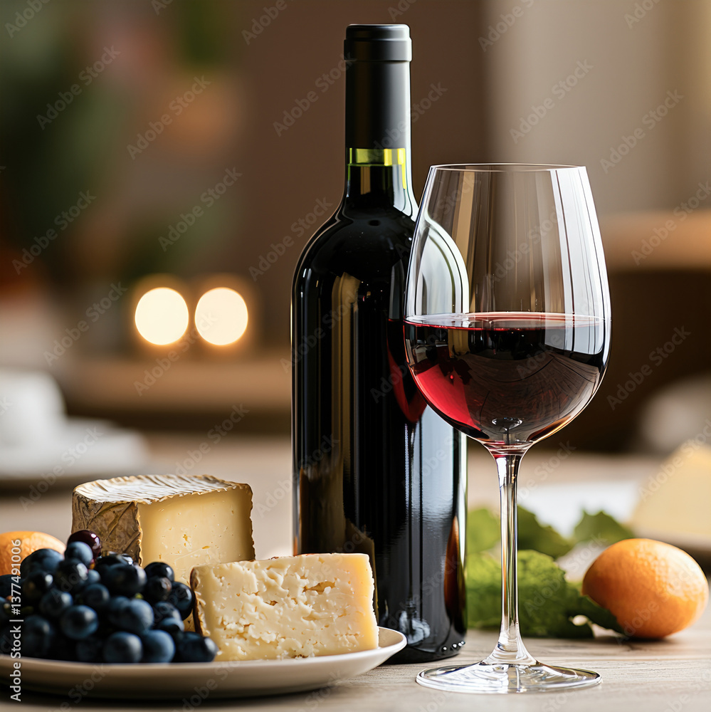 Fototapeta premium bottle of red wine and glass filled with red wine are elegantly displayed alongside assortment of cheeses, fresh blueberries, and citrus fruits, creating warm and inviting atmosphere