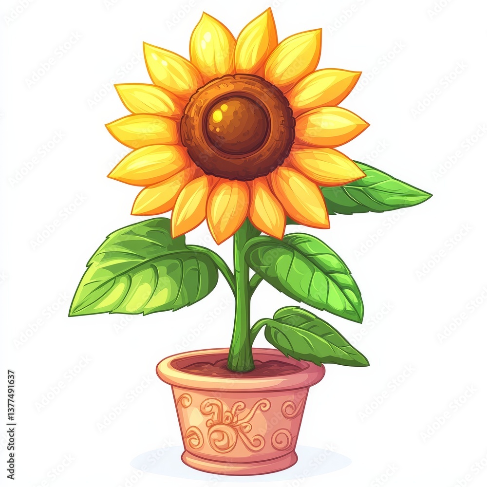 Obraz premium Cartoon Sunflower in Pot: A Bright and Cheerful Illustration of a Classic Summer Flower