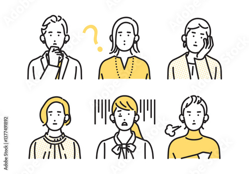 シンプル　イラスト　ネガティブな表情とポーズのビジネスパーソンの女性 人物バリエーション