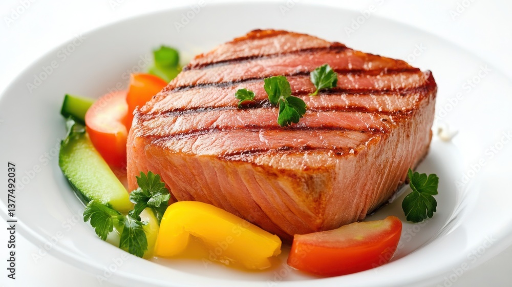 A grilled tuna steak resting on a plate with fresh vegetables, the meat perfectly seared with a tender pink center, capturing the high-quality A grilled tuna steak resting on a plate with fresh vegetables, the meat perfectly seared with a tender pink center, capturing the high-quality