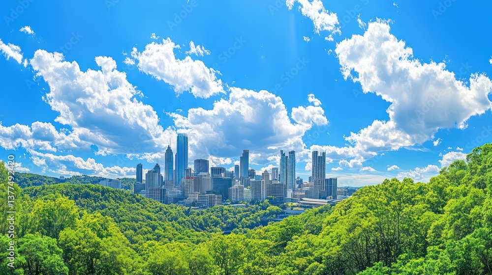 Fototapeta premium Cityscape Panorama, Sunny Day, Forest View