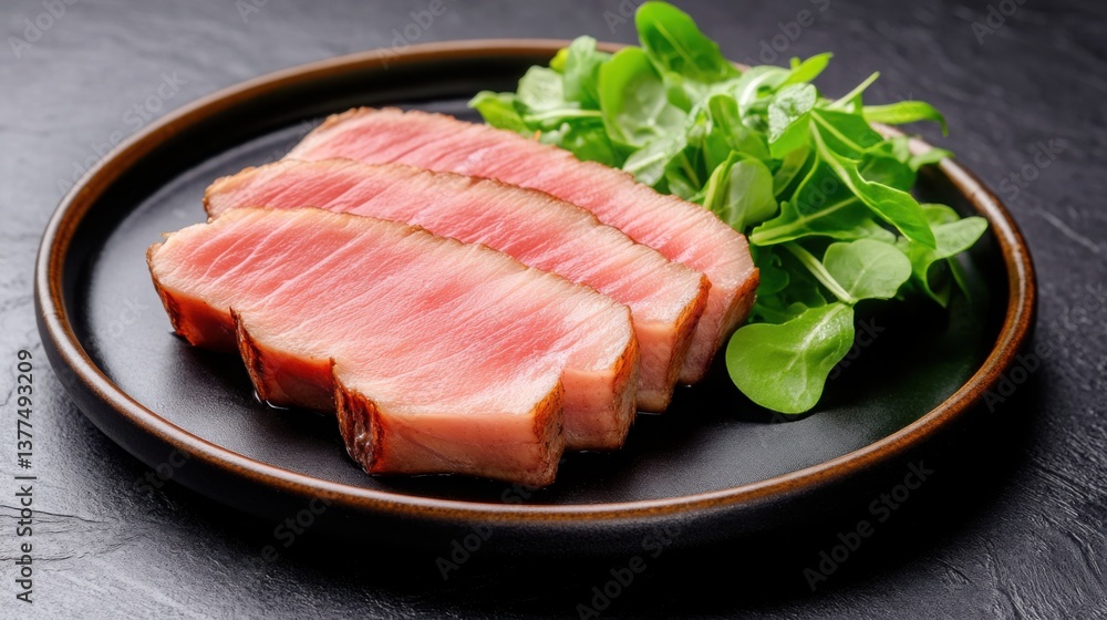 A pan-seared tuna steak being sliced into thick, tender pieces, the meat still pink in the center, served with a side of fresh greens A pan-seared tuna steak being sliced into thick, tender pieces, the meat still pink in the center, served with a side of fresh greens