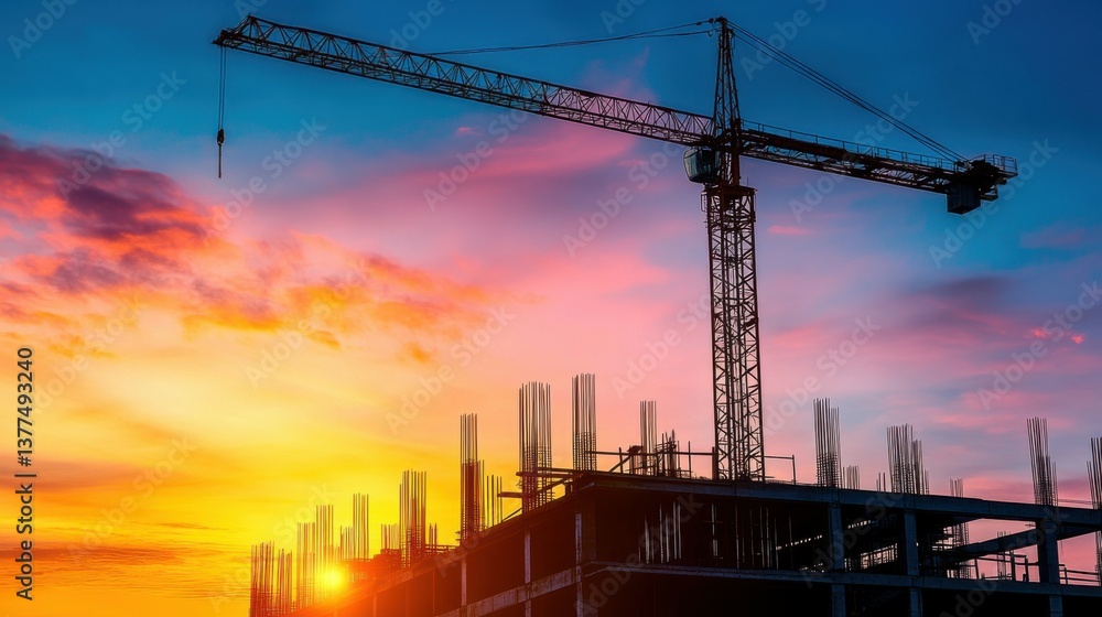 Detail vertical image of large construction crane and a iron beam frame in silhouette at sunset or sunrise