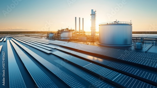 Innovative hydrogen plant development vast landscape renewable strategy industrial environment futuristic viewpoint
