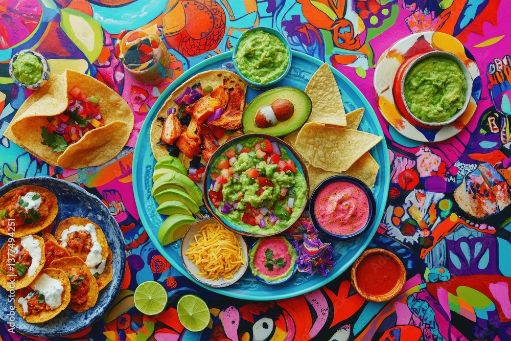 Vibrant display of diverse Mexican dishes. Colorful array of tacos, guacamole, chips, salsas, and toppings arranged on vibrant platters Vibrant display of diverse Mexican dishes. Colorful array of tacos, guacamole, chips, salsas, and toppings arranged on vibrant platters