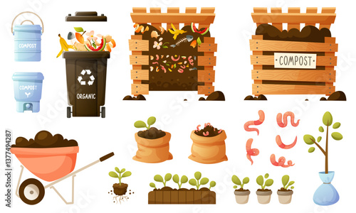 Vector set on the topic of organic compost, eco gardening, composting, agriculture. Compost bin, bag with soil, food waste, worms, container, bucket for composting in the apartment.