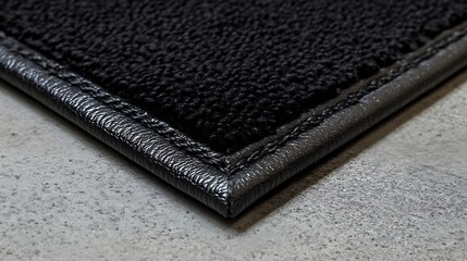 Detailed close up of a dark colored carpet with edging