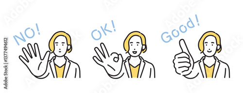 シンプル　イラスト　ハンドサインで意思表示するビジネスパーソンの女性 人物セット