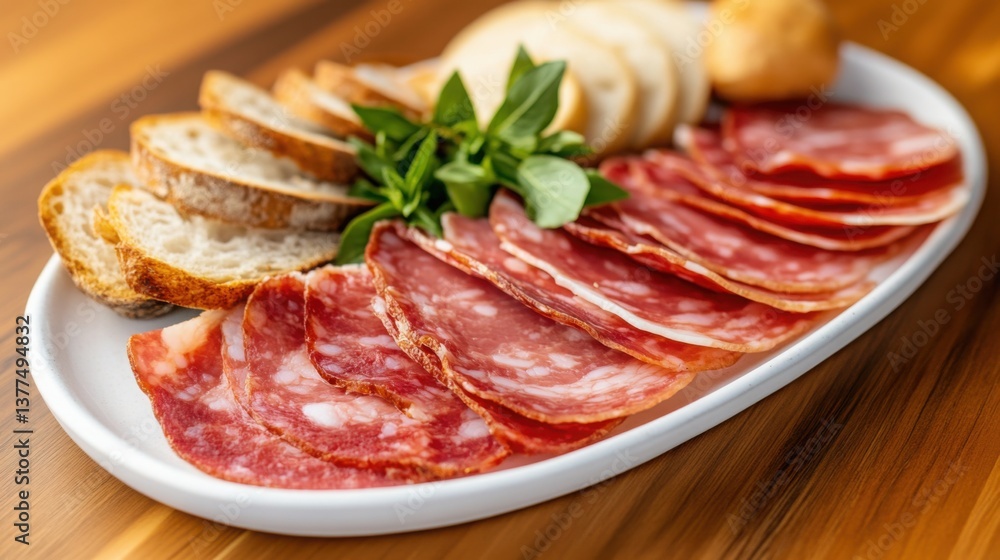 A platter of sliced, tender balyk with delicate fat marbling, served with fresh herbs and bread A platter of sliced, tender balyk with delicate fat marbling, served with fresh herbs and bread