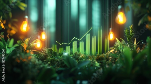 A vibrant scene blending nature with technology, featuring plants, glowing bulbs, and a rising graph, symbolizing growth and innovation.
