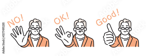 シンプル　イラスト　ハンドサインで意思表示するシニアの男性 人物セット