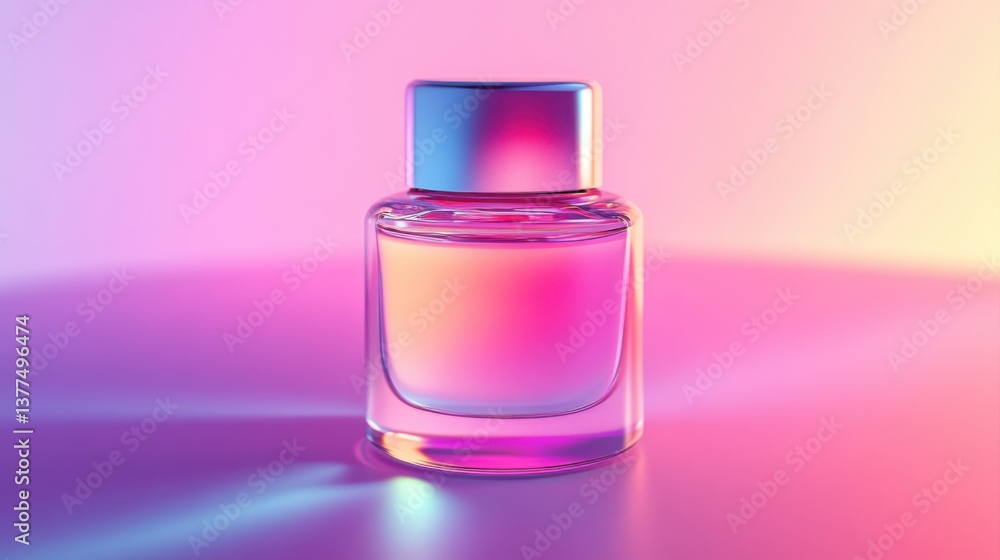 A beautifully designed perfume bottle with a gradient of pink and purple hues, reflecting light in an elegant setting. A beautifully designed perfume bottle with a gradient of pink and purple hues, reflecting light in an elegant setting.