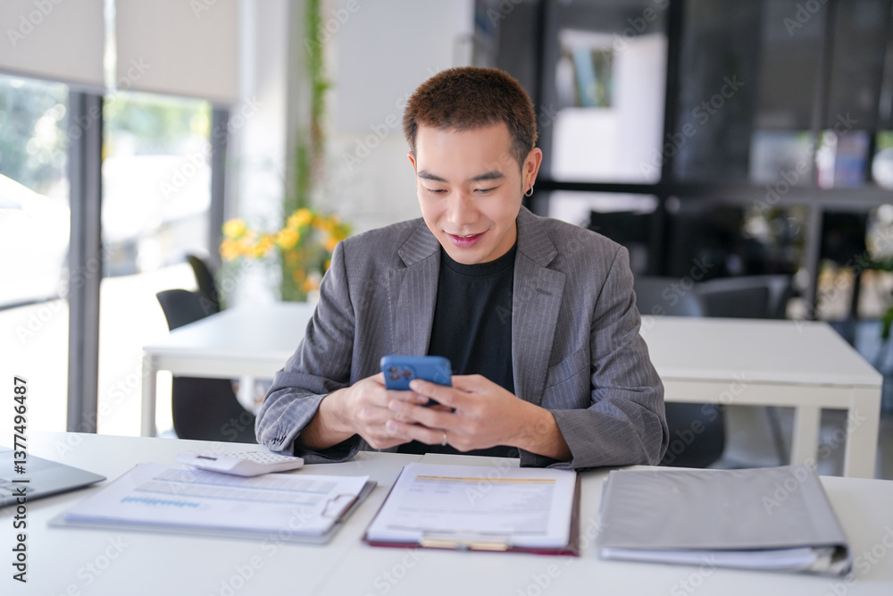 Asian Businessman with Smartphone working mobile devices cell telephone technology e-commerce smartphone business professional investor working new start up project Asian Businessman with Smartphone working mobile devices cell telephone technology e-commerce smartphone business professional investor working new start up project