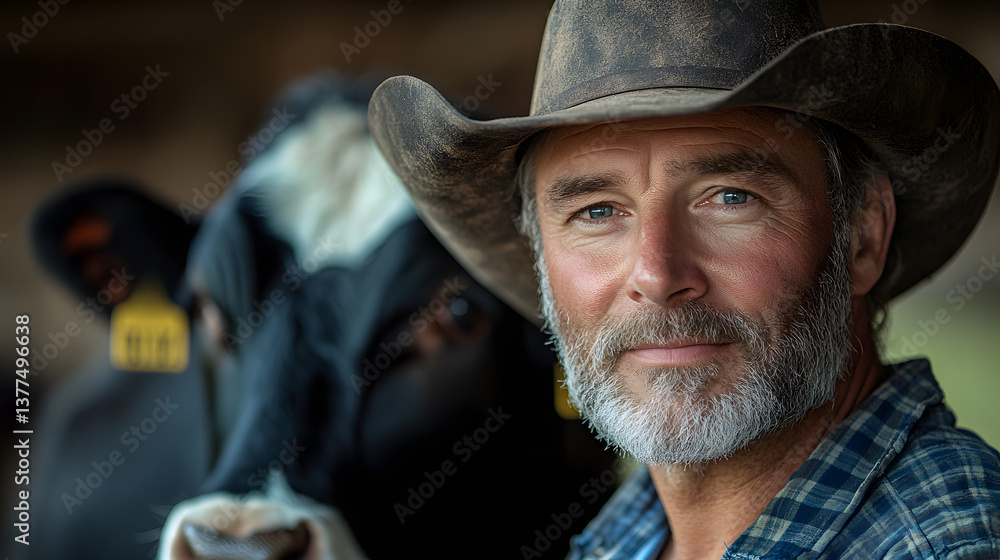 Portrait of a middle-aged farmer with a cow in a barn, close-up shot capturing rural life, farming lifestyle, and agricultural work.
Portrait of a middle-aged farmer with a cow in a barn, close-up shot capturing rural life, farming lifestyle, and agricultural work.