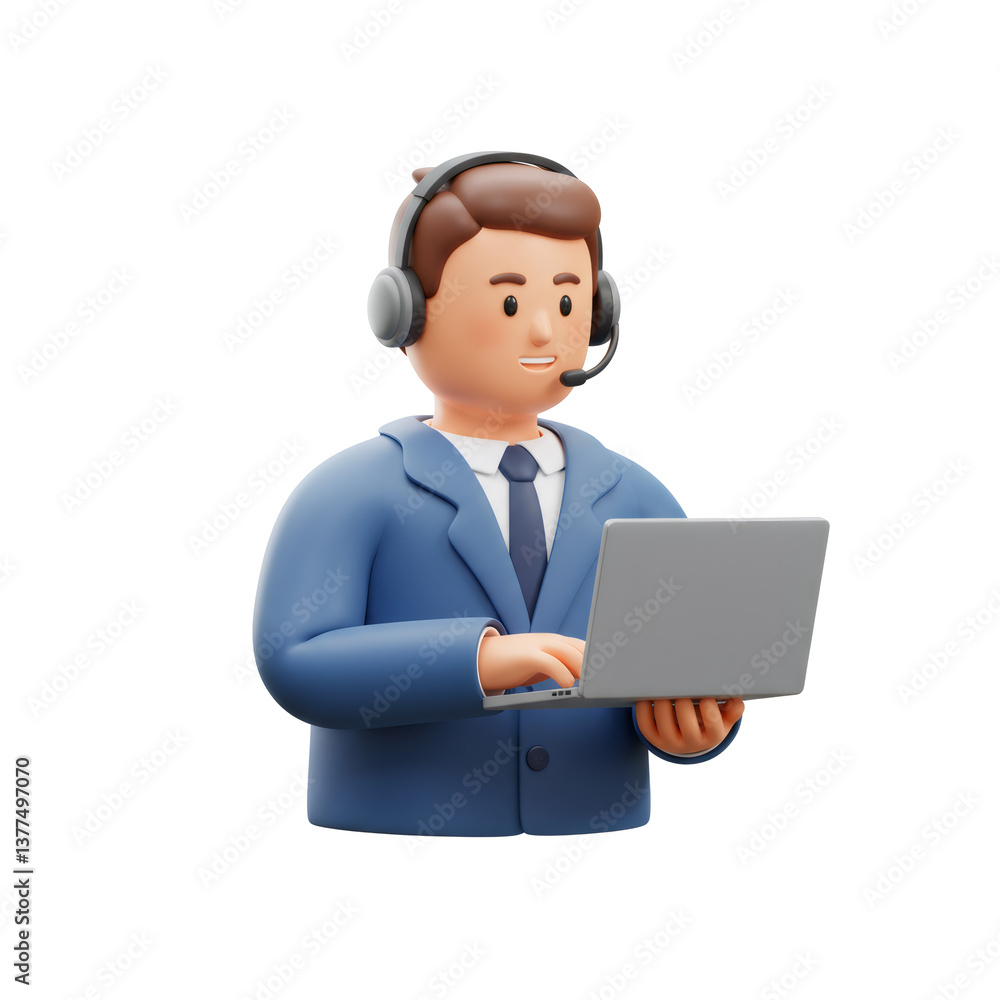 3D Cartoon Customer Service Agent Using Laptop 3D Cartoon Customer Service Agent Using Laptop