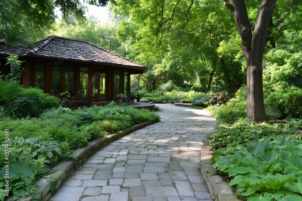 Stone path winding through lush green garden leading to charming wooden house Stone path winding through lush green garden leading to charming wooden house