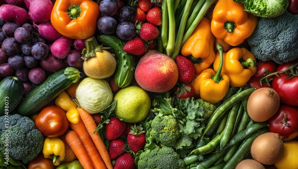 Vibrant array of fresh, colorful fruits and vegetables. A bounty of healthy produce, rich in vitamins and nutrients. Perfect for a balanced diet Vibrant array of fresh, colorful fruits and vegetables. A bounty of healthy produce, rich in vitamins and nutrients. Perfect for a balanced diet
