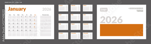2026 Calendar Planner Set of Template Monthly Page and cover with Place for Photo, Company Logo. Vector layout of a wall or desk calendar with week start Monday for print. Page for size A4 -21x29.7cm