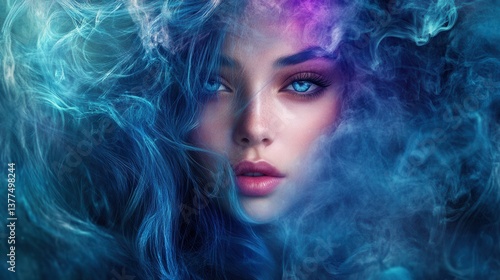 A captivating portrait of a woman surrounded by ethereal smoke, showcasing striking features and mesmerizing blue tones.