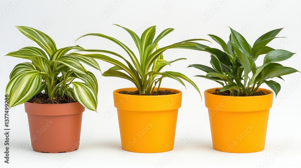 Obraz premium Three vibrant potted houseplants with variegated leaves sit in terracotta and yellow pots against a bright white background perfect for home decor and interior design.