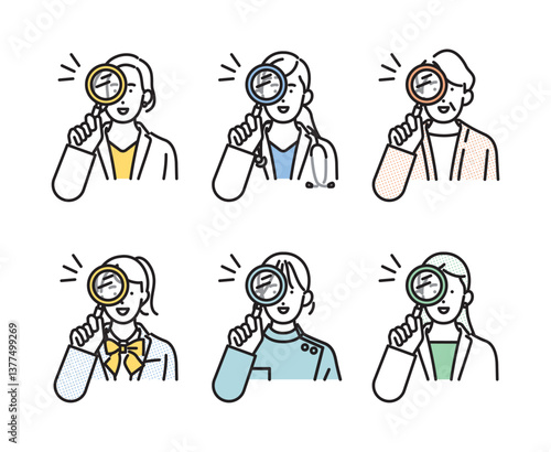 シンプル　イラスト　虫眼鏡を覗くいろいろな職業の女性のアイコンセット 人物