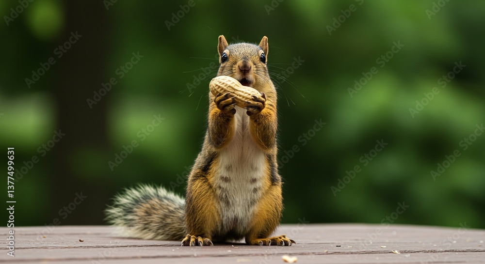 Obraz premium Squirrel Holding Peanut Upright on Wooden Surface with Green Background
