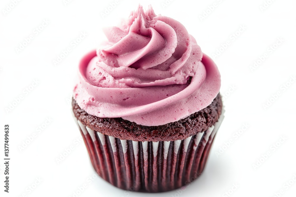 A delicious chocolate cupcake with pink frosting on white background A delicious chocolate cupcake with pink frosting on white background