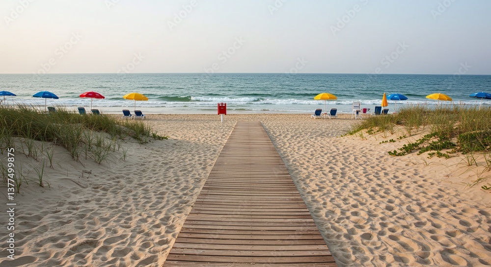 Fototapeta premium Beach Boardwalk Leading to Ocean with Colorful Umbrellas on Sunny Day