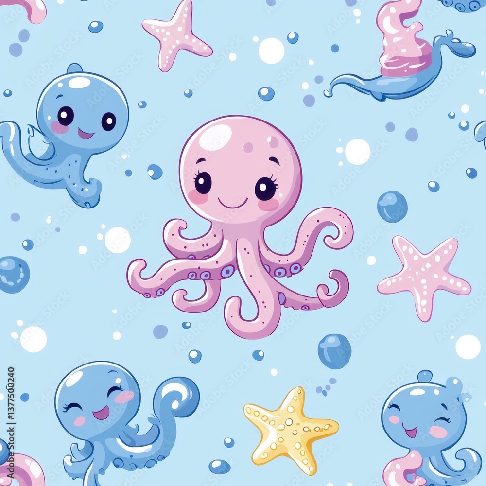 Obraz premium A playful underwater scene featuring cute cartoon octopuses, starfish, and bubbles on a light blue background, perfect for children's decor or ocean-themed designs.