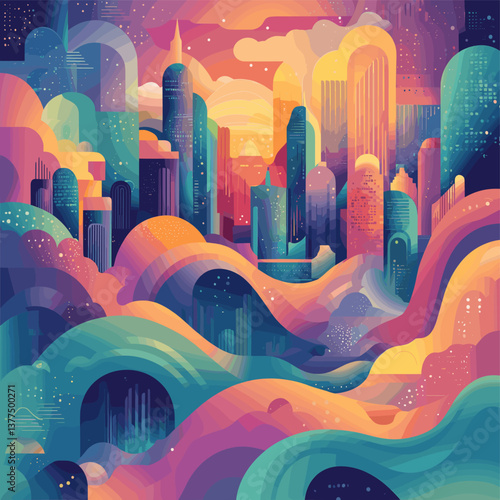 Colorful abstract cityscape with vibrant waves and futuristic buildings on a glowing background