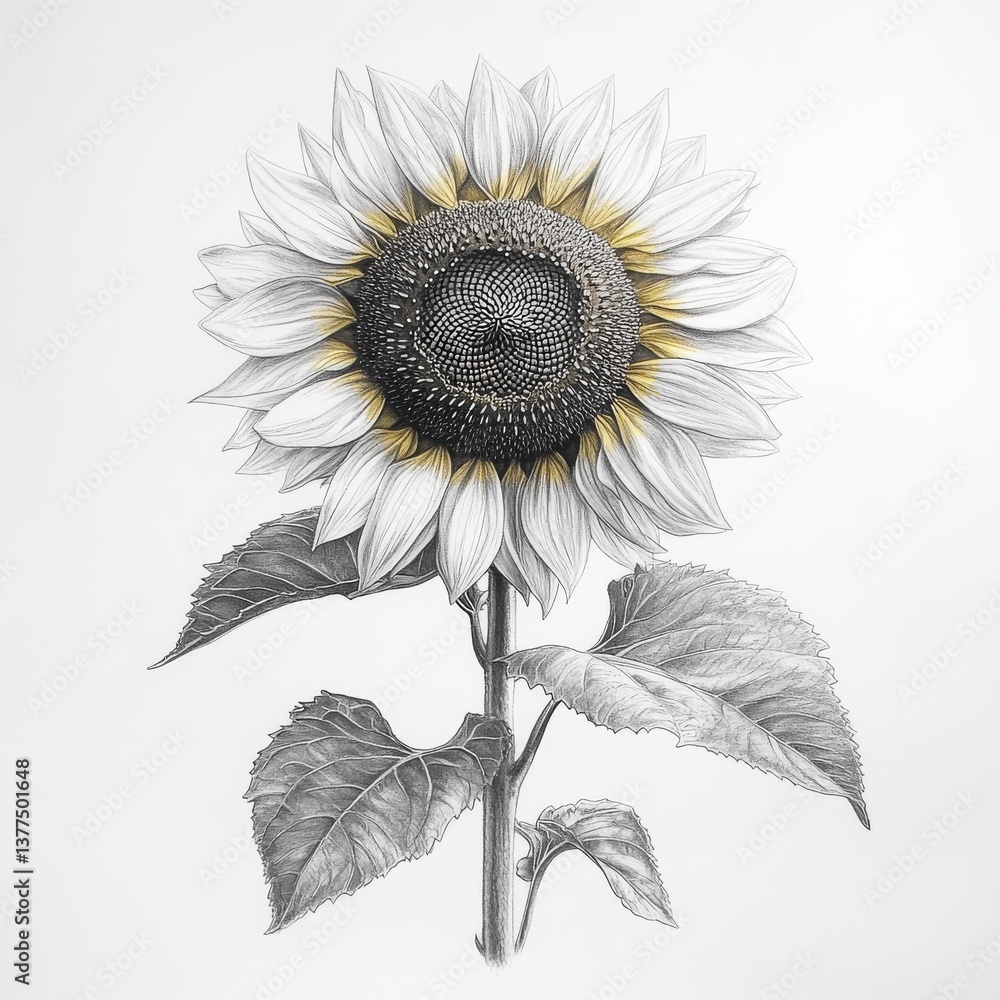 Fototapeta premium Sunflower Elegance: Detailed pencil drawing of a single sunflower with delicate shading and subtle gold accents on a clean, white background.