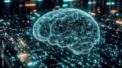 A digital representation of a brain illuminated with circuits, set against a backdrop of glowing data streams, symbolizing artificial intelligence and technology.