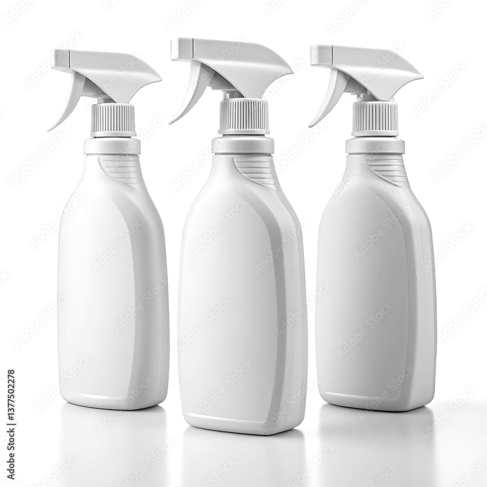 White Plastic Spray Bottles Minimalist Design with White Background White Plastic Spray Bottles Minimalist Design with White Background