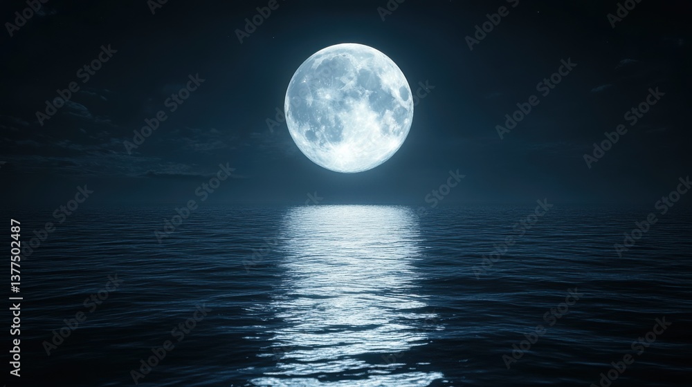 Fototapeta premium A luminous full moon reflects on a tranquil ocean, creating a serene and mystical atmosphere under a starry night sky.