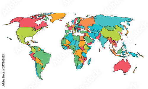 A colorful political world map different countries,isolated on white background for website layouts,background,education, precise,customizable,Travel worldwide,earth geography, political,reports.