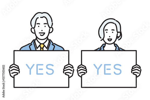シンプル　イラスト　ホワイトボードを持つビジネスパーソンの男性と女性 人物セット