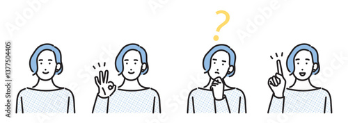 シンプル　イラスト　いろいろな表情とポーズの若い女性 人物バリエーション