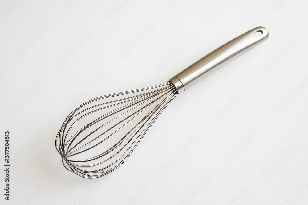 A stainless steel wire whisk laying on a white surface A stainless steel wire whisk laying on a white surface