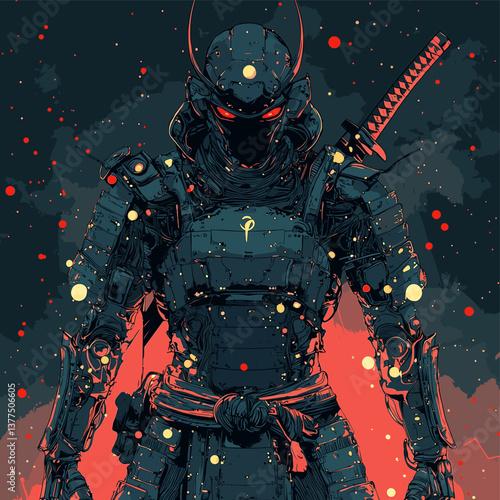 Samurai warrior in dark armor with glowing eyes and sword, futuristic design